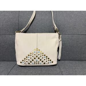 The Sak Cream Leather with Gold and Turquoise Stud and Fringe Boho Bag